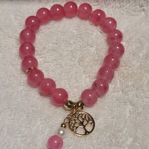 Pink Beaded Bracelet with Gold Tree Charm